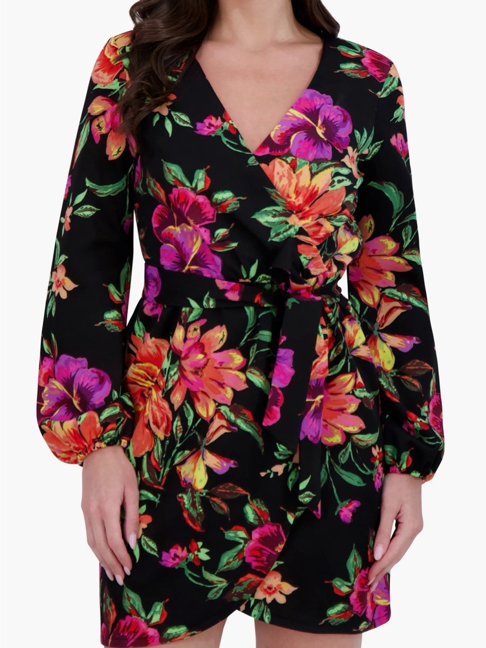 Siena Studio Black Floral Wrap Dress with Pink and Orange Blooms